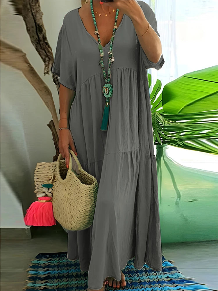 Sizes to 5XL, Loose Casual Midi Dress, V-neck, Short Loose Sleeves