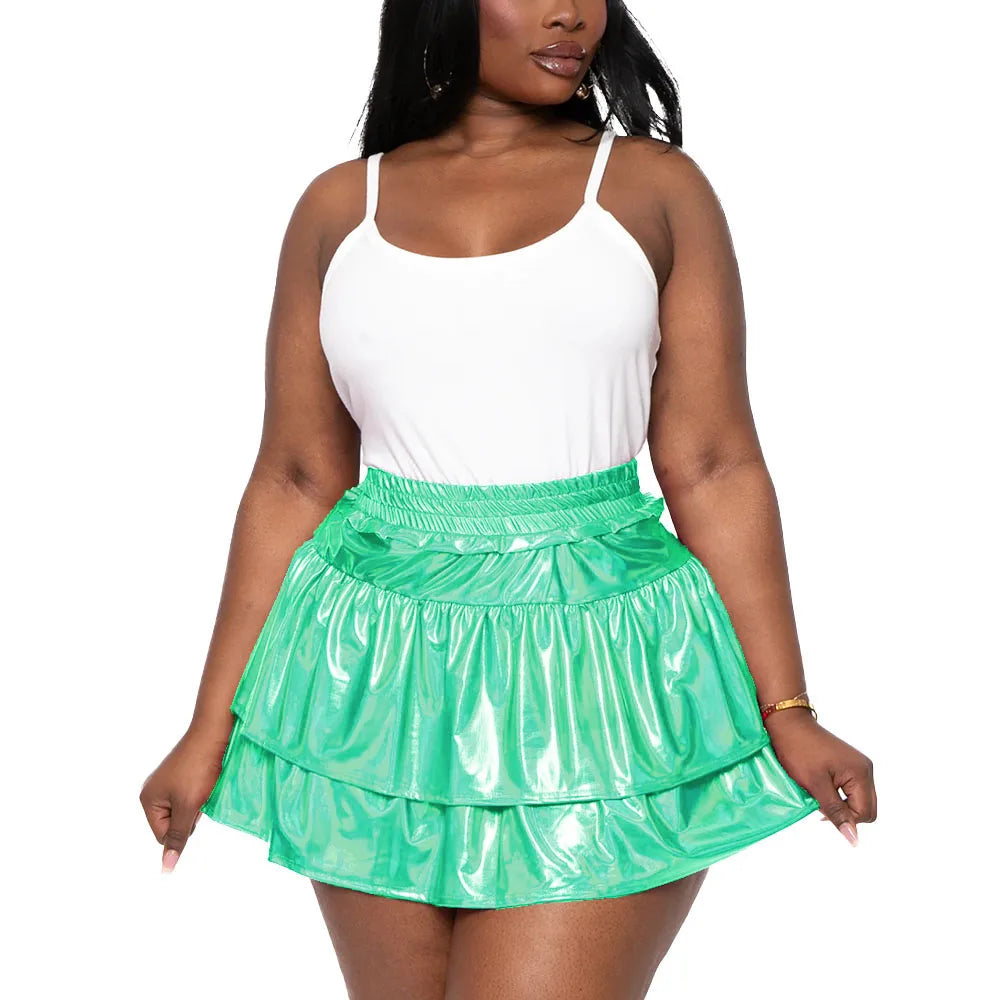 Sizes to 8XL!! Hologram Laser Tiered Pleated Mini Skirts, High Elastic Waist, A-line