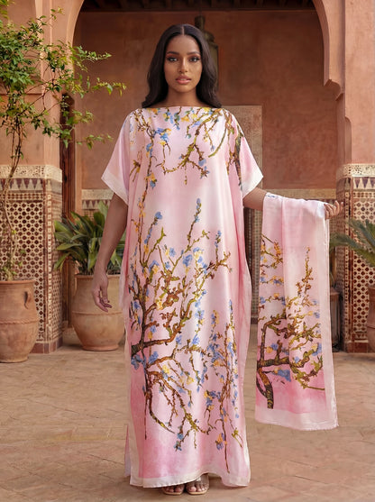 Boho Print Maxi Caftan with matching Shawl, Elbow Length Sleeves, 5 designs to choose from