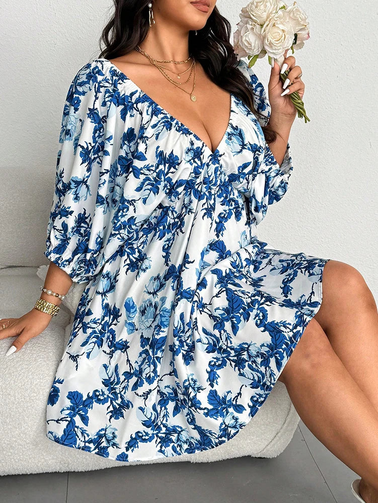 Sizes to 4XL  V-Neck Front and Back, Romantic Floral Print, Wear on or off the Shoulders, 3/4 Puff Sleeves