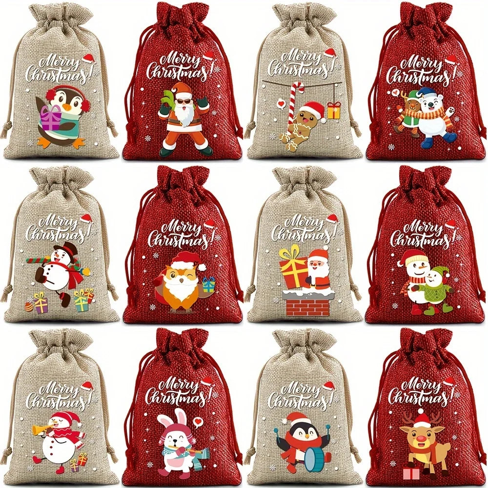 Christmas Drawstring Burlap Gift Bags, 12-Pack, 2 Colors