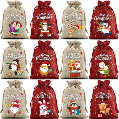 Christmas Drawstring Burlap Gift Bags, 12-Pack, 2 Colors