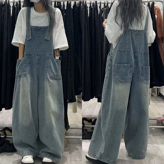 Retro Light Wash Denim Overalls for  Loose High Waist Baggy Leg Jumpsuit with Big Pockets