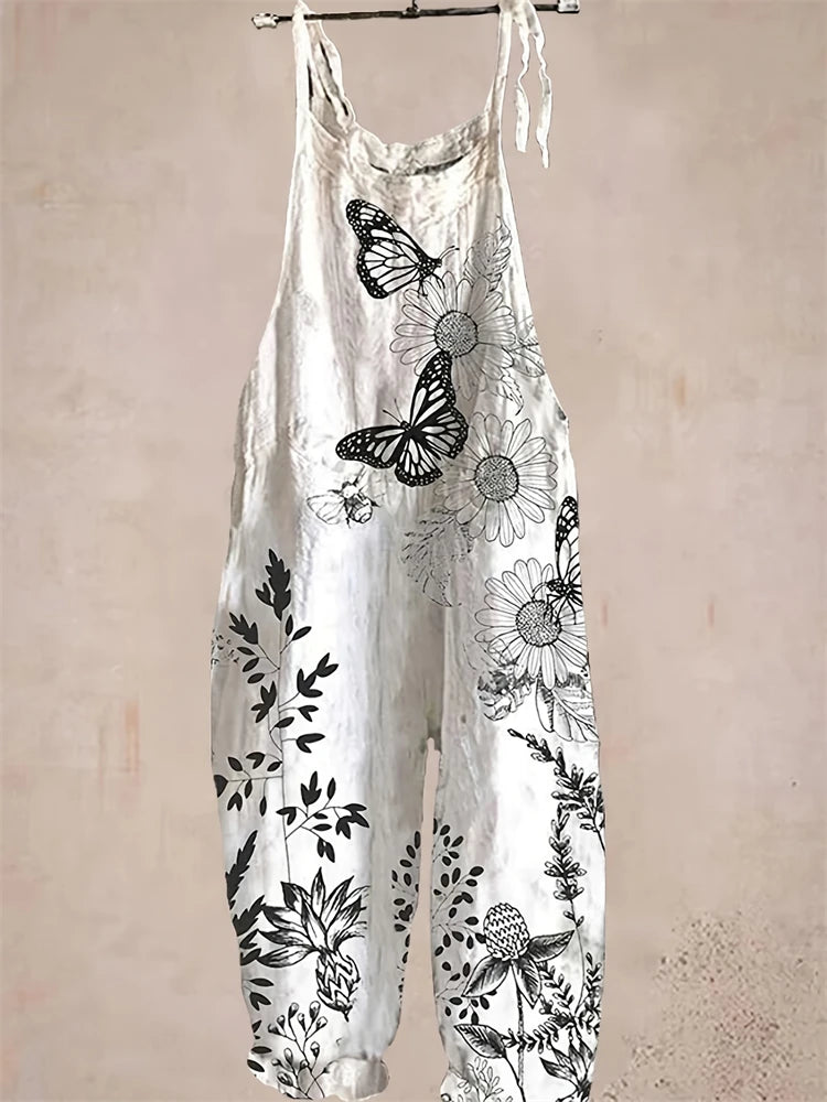 Sling Jumpsuit, Tie String Straps, Floral Printed, Wide Leg Pants, Casual Outdoor, Loose,  Comfortable, Breathable