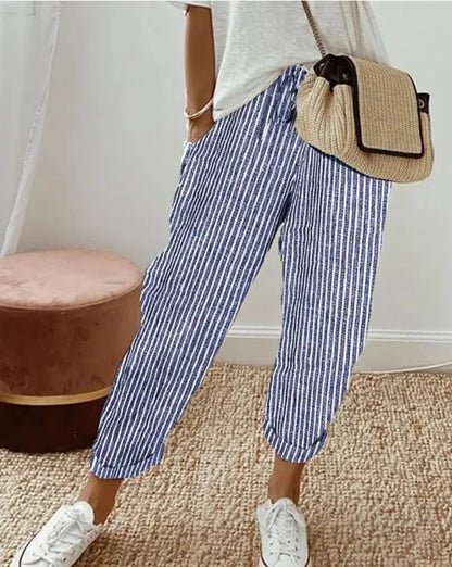 !0 colors, Casual Loose, Striped, Drawstring Elastic Waist Pants With Cuffs and Pockets