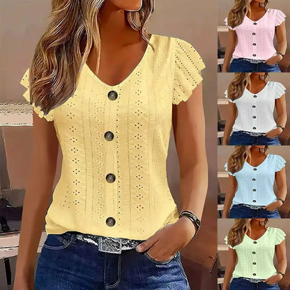 Various Colors Available ruffle sleeve V-neck T-shirt