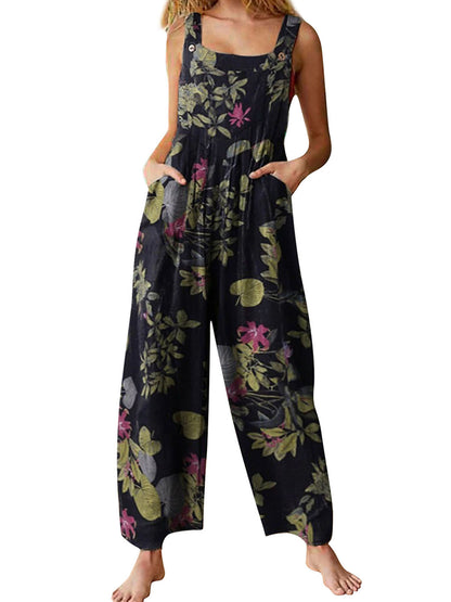 Floral Print, Square Neck, Sleeveless, Casual Overalls with Pockets