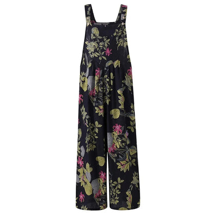 S-3XL Cotton and Linen Jumpsuit Square Neck Sleeveless with Adjustable Straps Casual Loose Overalls with Pockets
