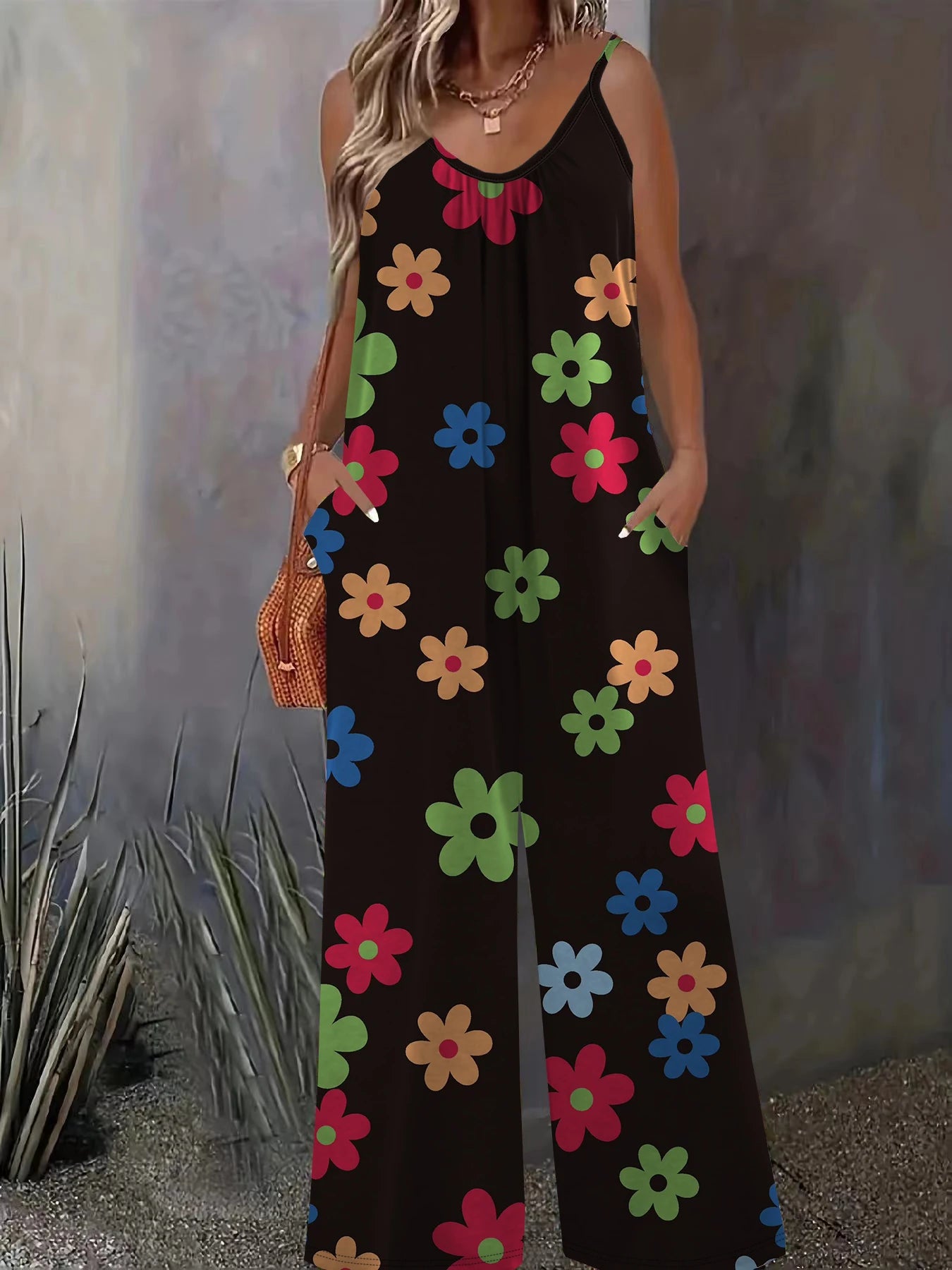 Plus Size 1XL to 5XL   1960's Floral Print Extremely Wide Leg Jumpsuit, Casual Sleeveless Pockets