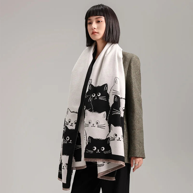 Cute Cat Ladies' Jacquard Pashmina Cashmere Scarf Thick Warm