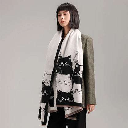 Cute Cat Ladies' Jacquard Pashmina Cashmere Scarf Thick Warm