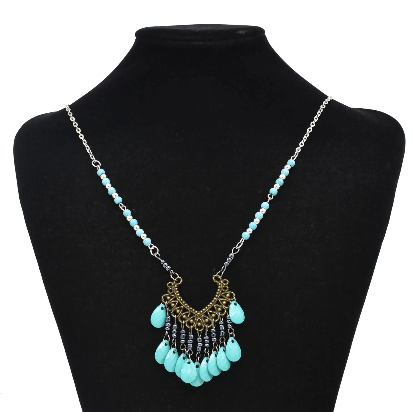 Bohemian Black Blue Stones, Coin tassel Necklace Turkish Gypsy Boho