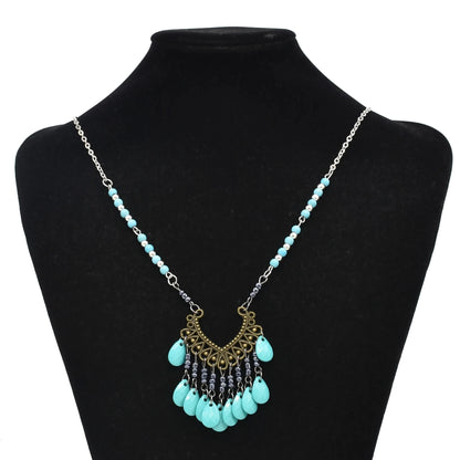Bohemian Black Blue Stones, Coin tassel Necklace Turkish Gypsy Boho