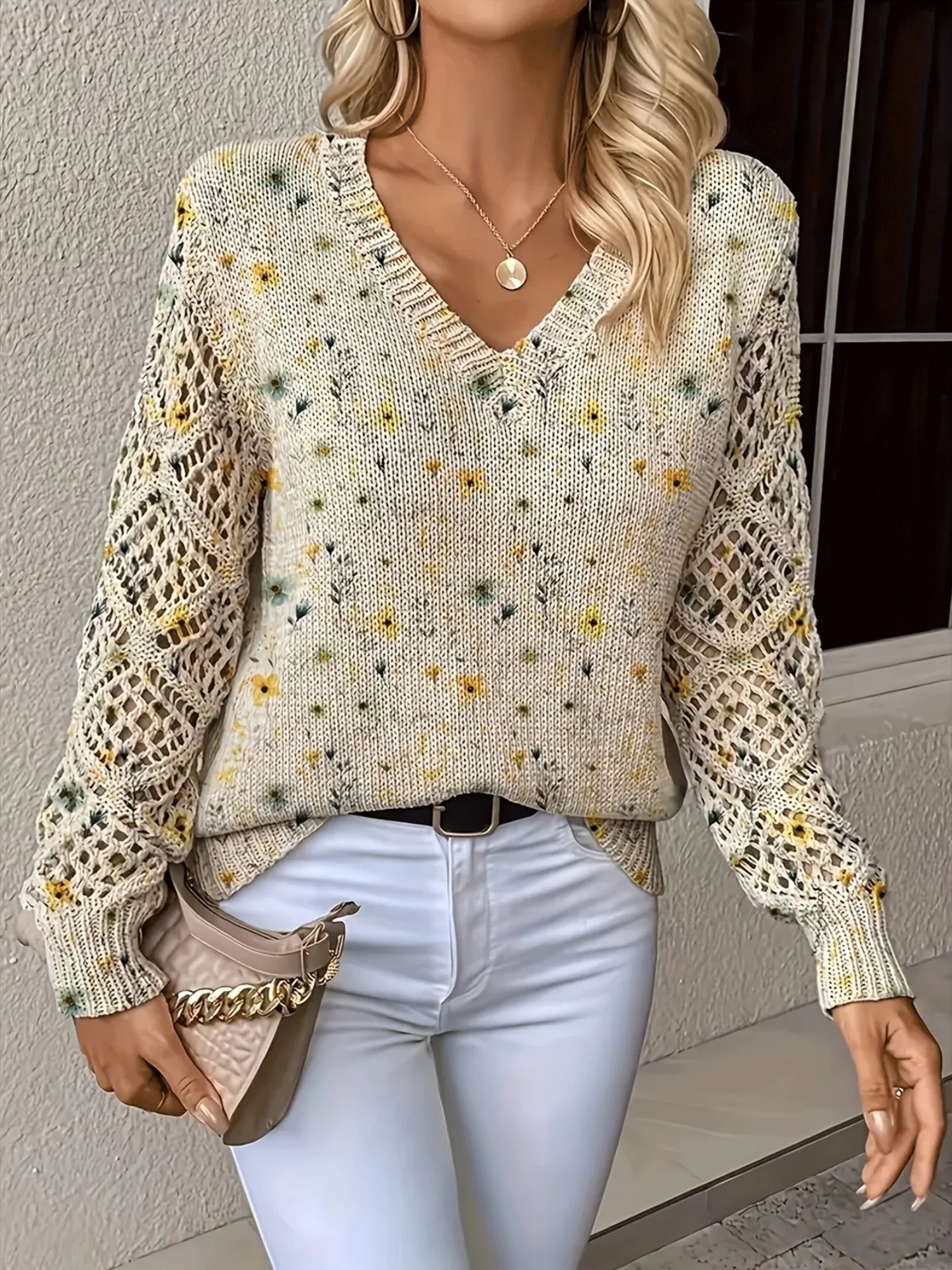 Boho Floral Print V Neck Crocheted Long Sleeved Sweater with Hollowed Out Knit Sleeves in 12 Different Designs