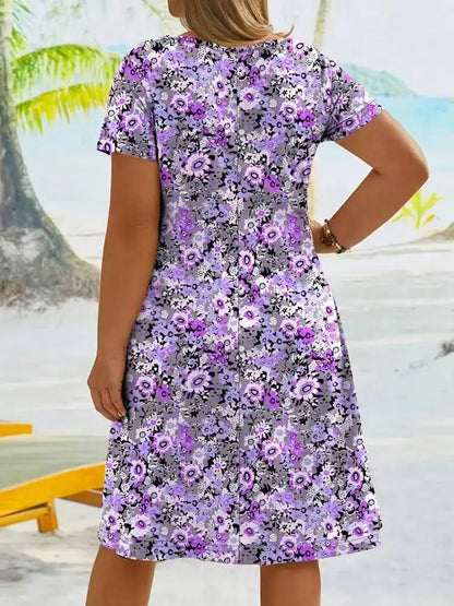 Sizes to 5XL!   Bohemian Print, A-Line Mini Skirt, V-Neck, Short Sleeve, High Waist, Slimming