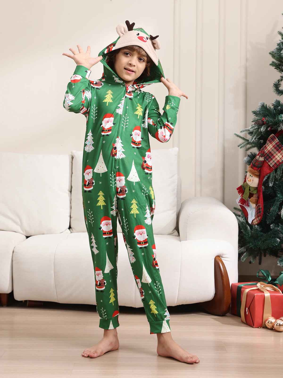 Family Rompers pajamas, hooded, zipper front, long sleeves and long pant legs, Comes in Red and Green