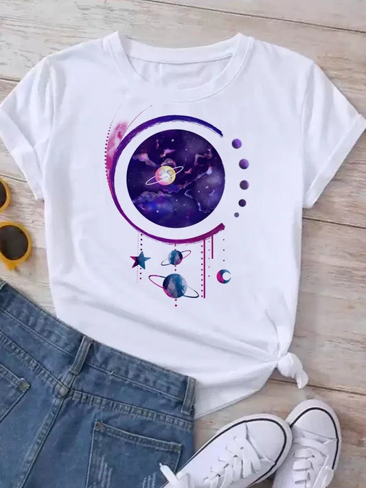 Sizes to 3XL Moon Planet Print Tee Shirts Casual Round Neck Short Sleeve Vintage Tops