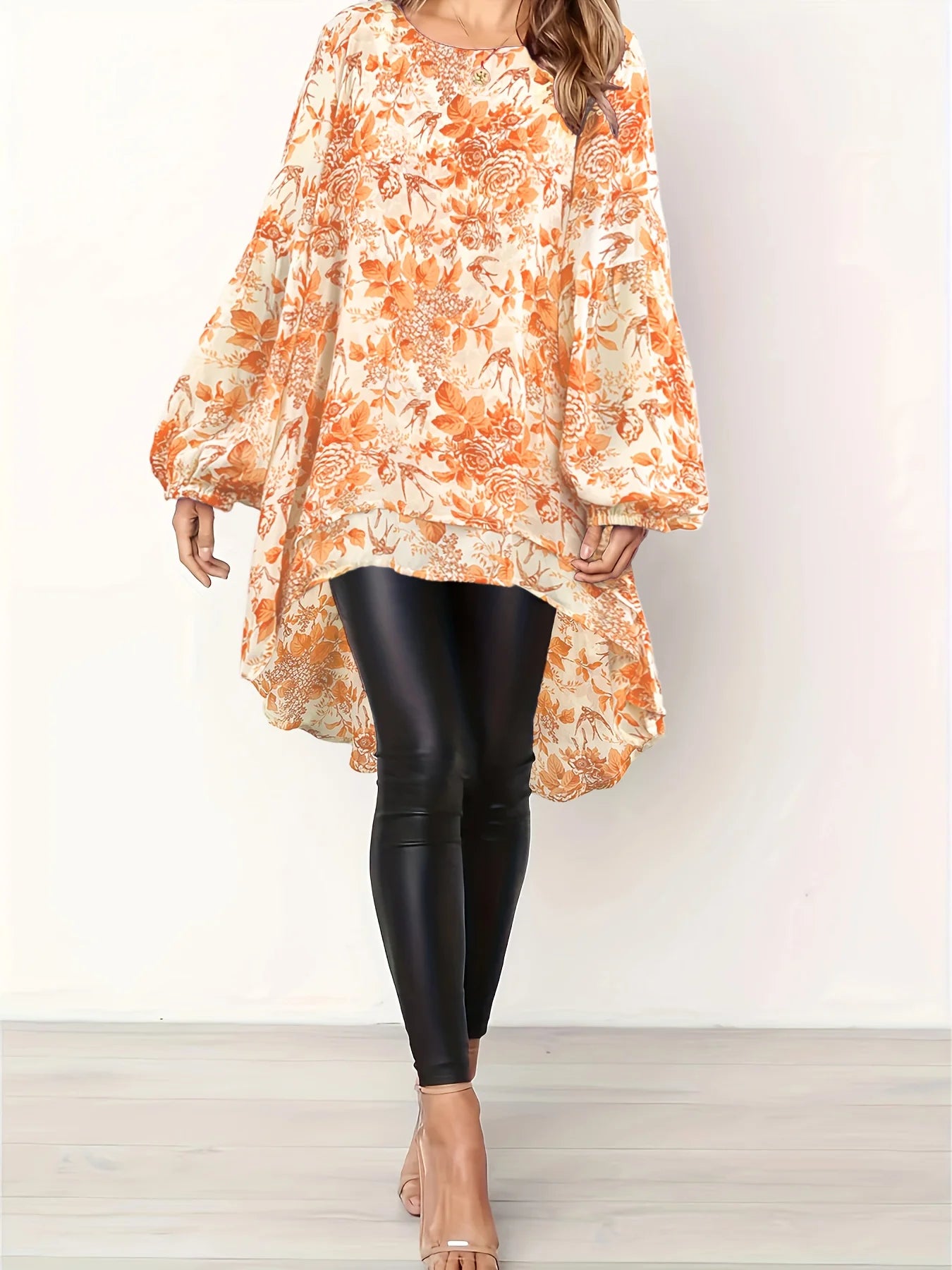 Plus size to 5XL women's spring & summer solid color polyester non-elastic long back hem elegant lantern sleeve chiffon long bell sleeve top