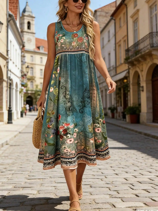 Boho Floral Sleeveless Dress Vintage Turquoise Print Crew Neck High Waist A Line Midi Sundress