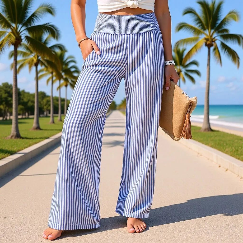 Sizes to 2XL Loose Striped Casual Straight Leg High Waisted Pants Available in 8 Colors