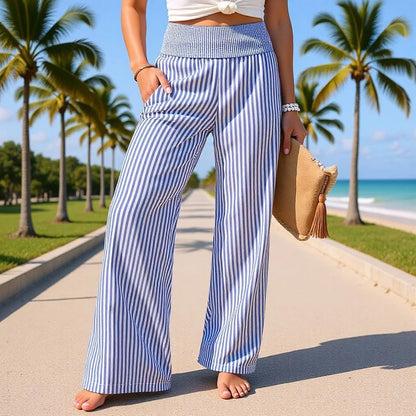Sizes to 2XL Loose Striped Casual Straight Leg High Waisted Pants Available in 8 Colors