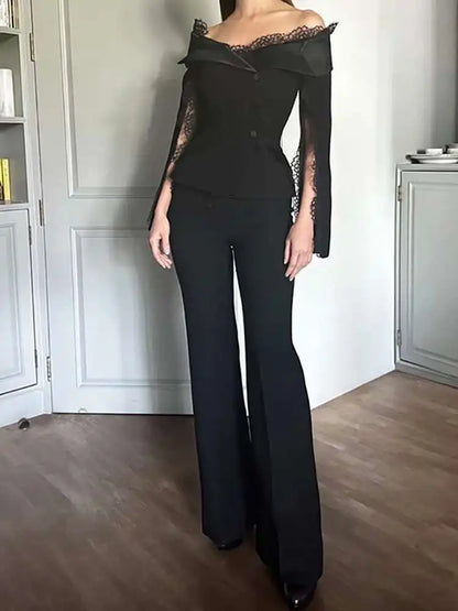 2 Pcs Set Boat Neck Long Lace Slit Sleeves Off the Shoulders Lace Neckline (Can be worn different ways)