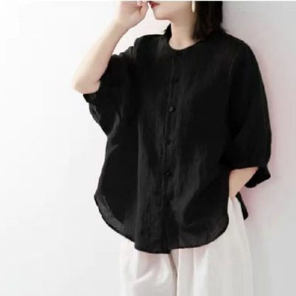 Sizes to 4XL, Cotton-linen blend shirt solid colors with lantern sleeves stand collar loose large size shirt. Variety of colors