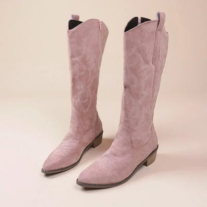 Embroidered Western Cowgirl Knee Boots with Pointed Toes and Thick Heels, High Knee Boots, PU Leather in Light and Medium Brown, Beige, and Pink
