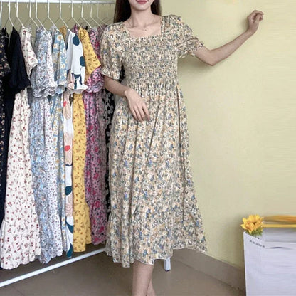 14 Patterns Elastic Waist Chiffon Dress  Short Sleeve Pleated A-line Dresses