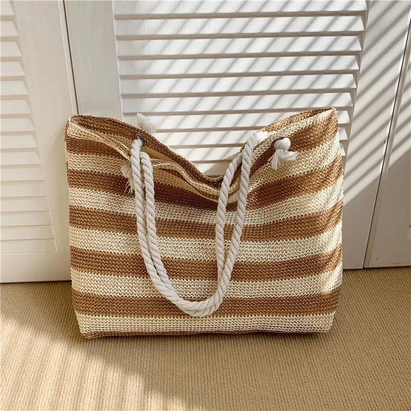 Woven Straw Shoulder Bag Large Capacity Striped 2 Handle Shoulder Bag