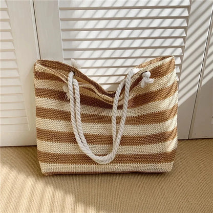 Woven Straw Shoulder Bag Large Capacity Striped 2 Handle Shoulder Bag
