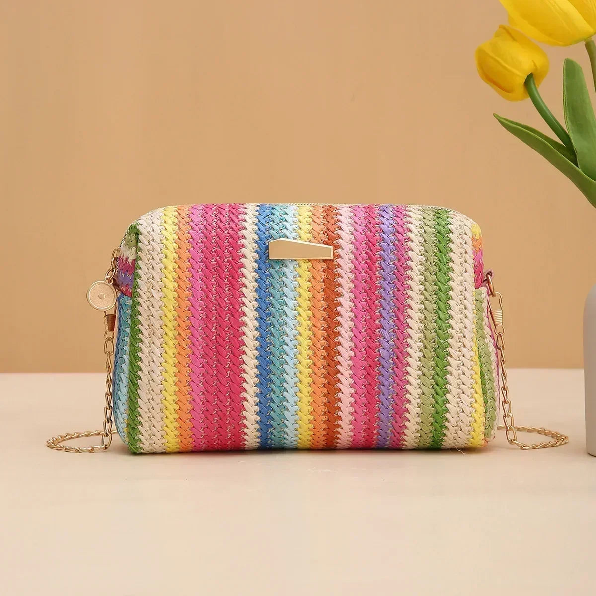 Small Rattan Knit Flap Bag with cross shoulder chain 6 colors