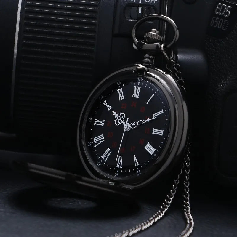 Vintage Charm Black Unisex Fashion Roman Numeral Quartz Steampunk Pocket Watch with Necklace chain