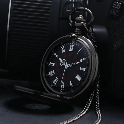 Vintage Charm Black Unisex Fashion Roman Numeral Quartz Steampunk Pocket Watch with Necklace chain