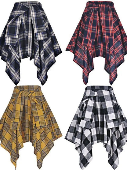 Sporty Street Style with Ruffle and Bow Tie Asymmetrical Hankie Hemline Elastic Waist, Plaid Patterned Skirt--Sizes 58 Centimeter Waist
