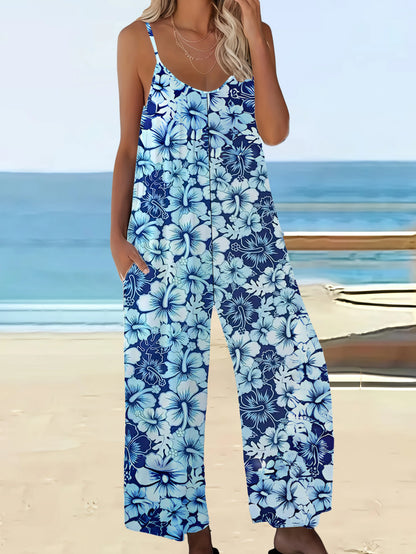 Sizes to 5XL Chic Bohemian Printed Pocketed Jumpsuit with Spaghetti Straps
