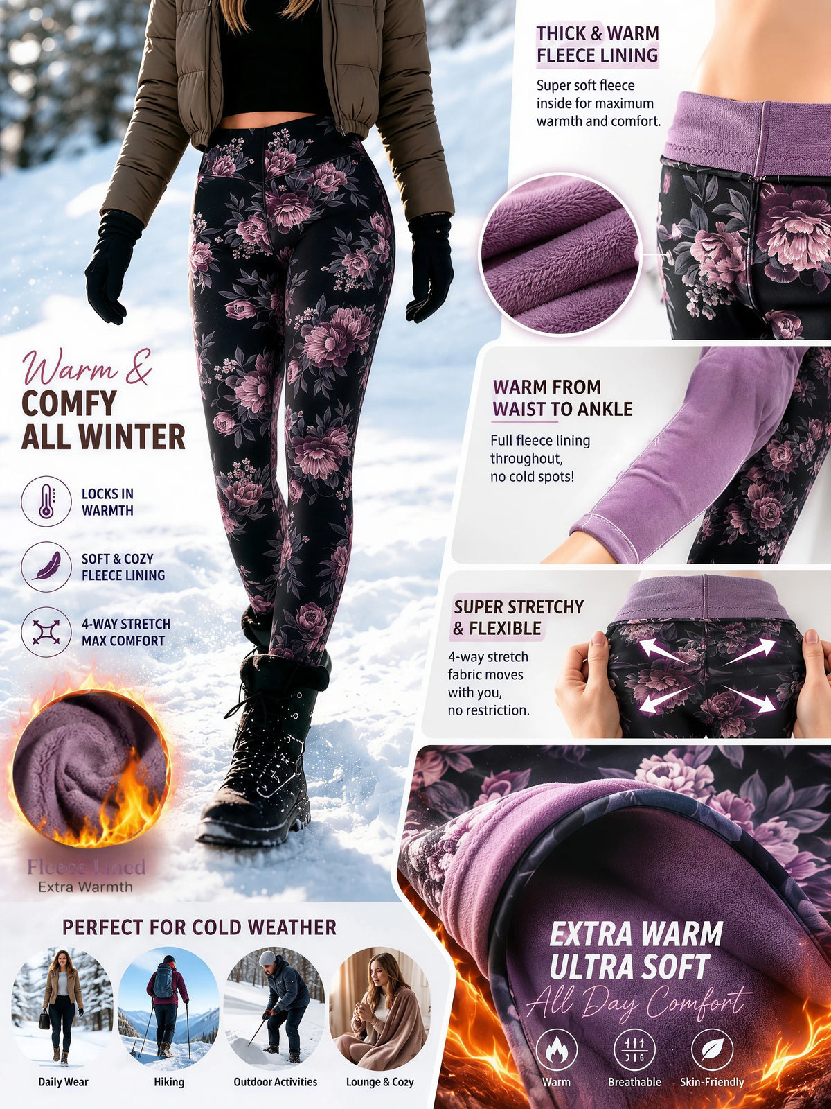 Sizes to 3XL Floral Printed Thick Fleece Lined, Heat Lock and Ankle Length for Winter