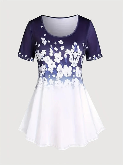 Sizes to 5XL, 2 Piece Casual Suits, Blue and White Flower Print on Top and Pants, Short Sleeve, Round Neck, Capri Pants