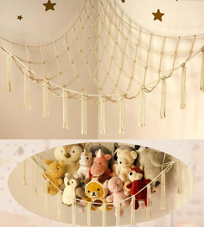 9 different colors of this Boho Macrame Stuffed Animal Hammock Cotton Tassel Toy Storage Net, Hanging Organizer