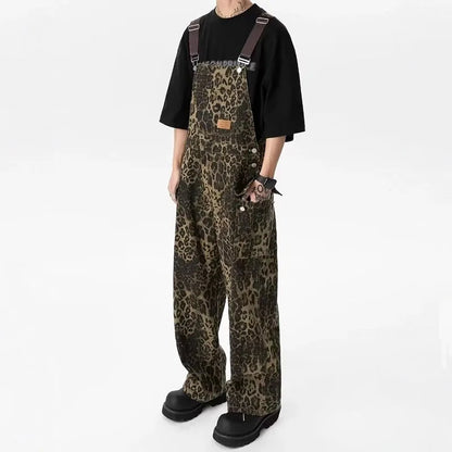 Sizes to 3XL Retro Leopard Print Workwear Overalls Jumpsuit Large Pocket Straight Wide Leg Denim Pant