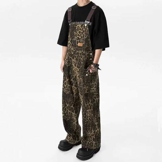 Sizes to 3XL Retro Leopard Print Workwear Overalls Jumpsuit Large Pocket Straight Wide Leg Denim Pant