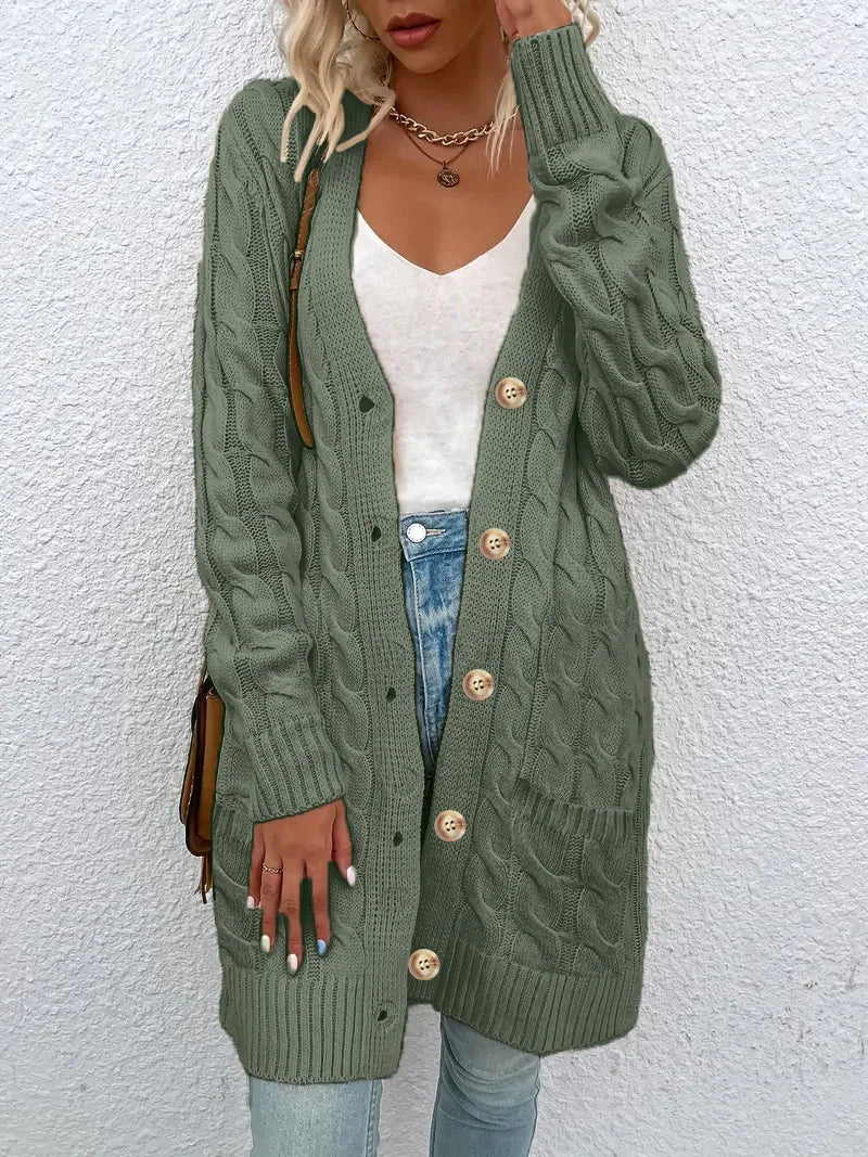 Solid Color Twisted Knit Long Cardigan with Single Buttons and Pockets. Green, Yellow, Turquoise, and White