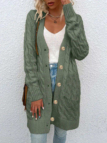 Solid Color Twisted Knit Long Cardigan with Single Buttons and Pockets. Green, Yellow, Turquoise, and White