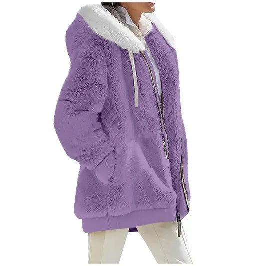 26 Colors Autumn Winter Women's Casual Hooded Zipper e Fleece Jacket Solid Color Ladies Coats