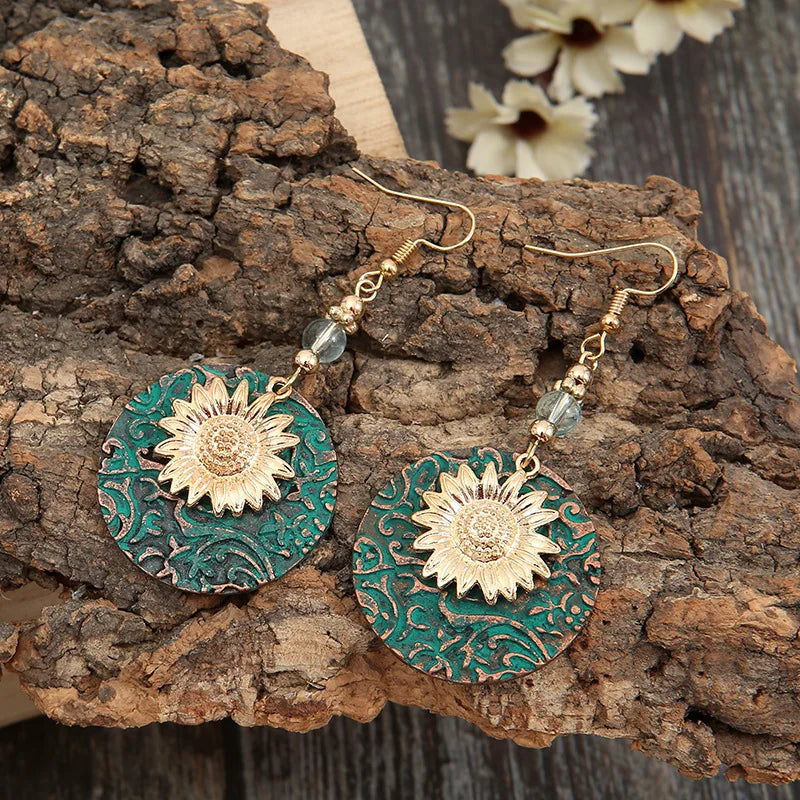 Boho Sunflower Earrings Vintage Drop Earrings