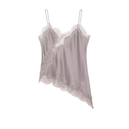 Polka Dot Sling Tops Asymmetric Hem Sleeveless V-Neck Lace Cami
