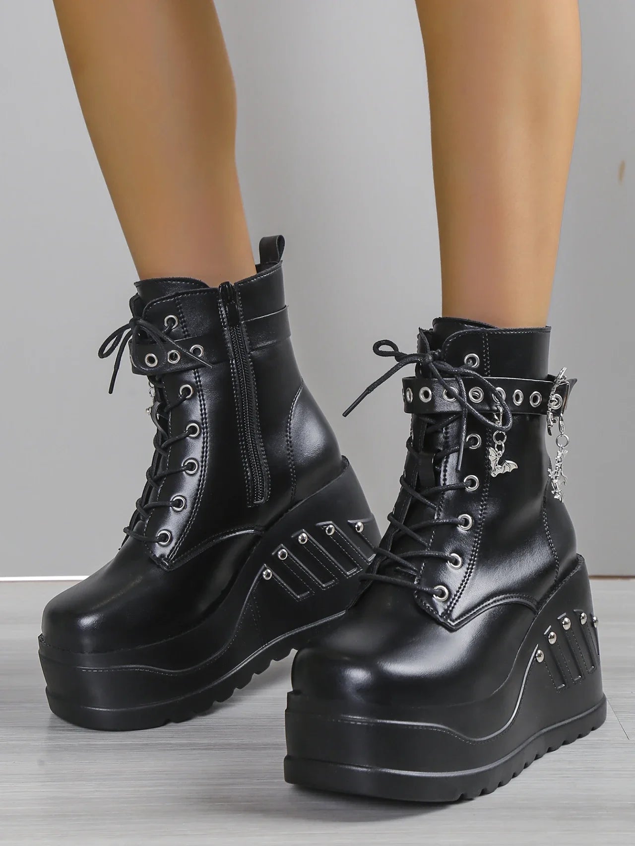 Punk Goth Platform Heels Wedge Heeled Boots, Tie and Strap Closures