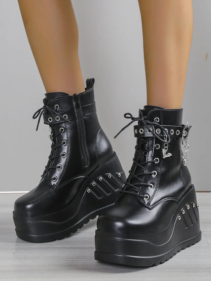 Punk Goth Platform Heels Wedge Heeled Boots, Tie and Strap Closures