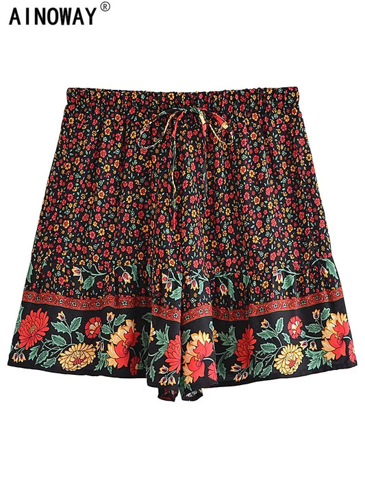 Vintage Boho Chic Wild Floral Print  Shorts, High Elastic Waist Rayon Boho Shorts