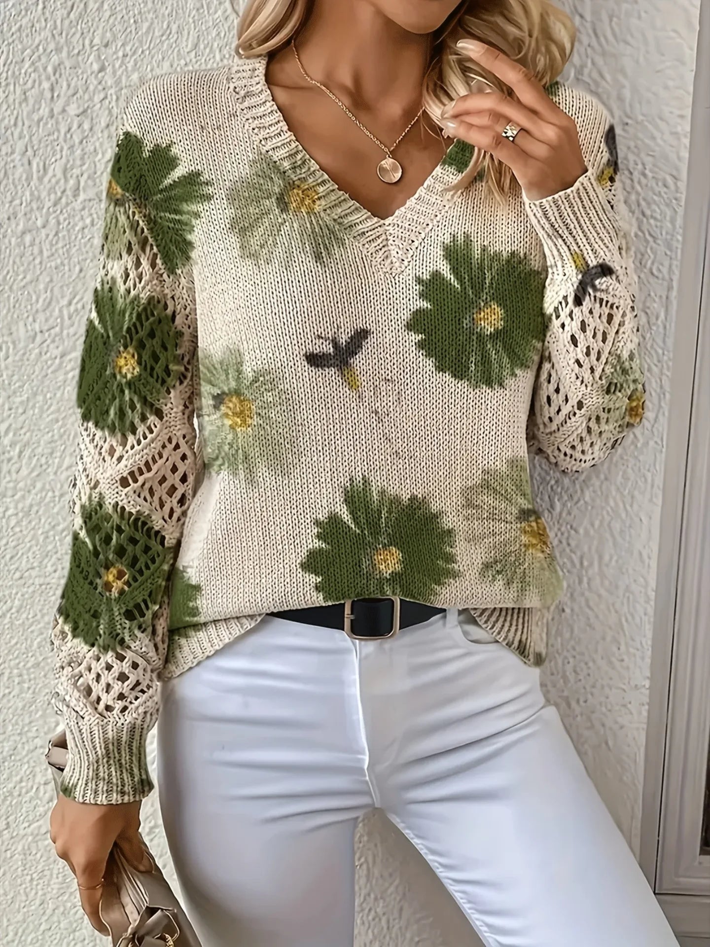 Boho Floral Print V Neck Crocheted Long Sleeved Sweater with Hollowed Out Knit Sleeves in 12 Different Designs